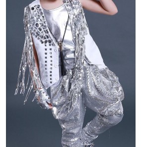 Boy white silver sequins jazz hip hop street dance costumes kids children drummer singers host stage performance outfits