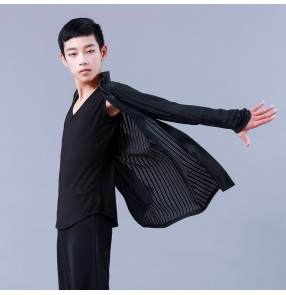 Boys black striped Latin dance tops ballroom dance shirt out coat Children's Ballroom Dance Costume latin Competition Performance cardigan Top