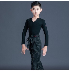 Boys black v neck latin dance shirts stage performance tops kids long sleeves ballroom salsa rumba chacha dance tops 