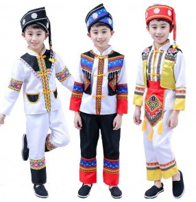 Boys chinese folk dance costumes ancient traditional Miao Hmong minority stage performance drama cosplay dress