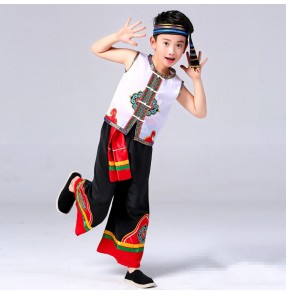 Boys chinese folk dance costumes for kids children china ancient classical traditional miao hmong drama dance clothes 