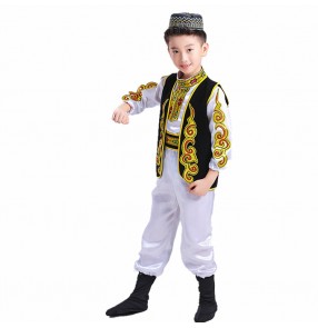 Boys chinese folk dance costumes for kids children china ancient ethnic minority xinjiang Uighur stage performance photos cosplay clothes 