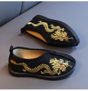 Boys Chinese Hanfu stage show cosplay shoes Handmade cloth shoes for kids Ethnic chinese kung fu wushu performance gold dragon embroidered shoes for students