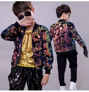 Boys colorful sequined jazz hiphop street dance costumes model show concert band host drummer performing outfits for kids rapper singer performance coat vest pants