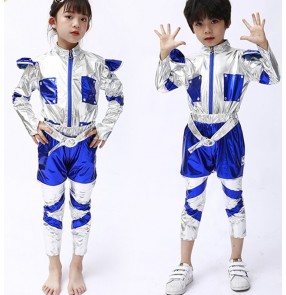 Boys Girls Dance Royal blue with silver jazz dance Costumes Toddler Space astronaut cosplay outfits for kids robot fashion show catwalk performance clothes