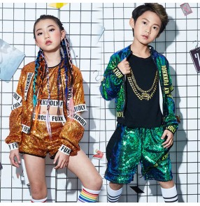 Boys girls Green gold sequined hip-hop jazz dance costumes tide girls street jazz dance costumes children's drum gogo dancers singers performance outfits