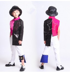 Boys jazz dance costumes black fuchsia patchwork paillette modern dance hiphop drummer gogo dancers tops and pants