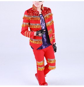 Boys jazz dance costumes host chorus singers red white England style modern dance model show drummer stage performance coats and pants outfits