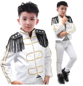 Boys jazz dance costumes kids children white colored modern dance band drummer host singers stage performance jacket and pants 