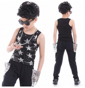 Boys jazz dance costumes paillette modern dance drummer performance school competition hiphop singers group dancers vests and pants