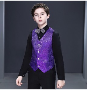 boys jazz dance sequined waistcoat for kids children Silver black royal blue red sequins host singers piano stage performance flower boys glitter vests waistcoats