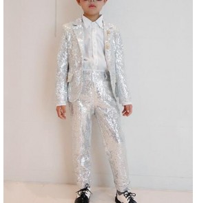 Boys jazz dance silver blue sequin costumes modern dance street drummer  show party stage performance coat and pants outfits