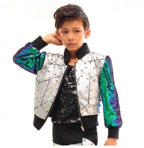 Boys jazz dance tops jackets glitter modern dance silver gold drummer stage performance dj singers host chorus professional coats