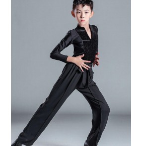 Boys kids Black brown blue color  Latin ballroom competition dance clothes examination standard dance shirts and pants for boy long-sleeved velvet Latin dance wear for children