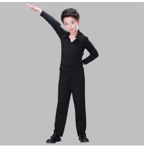 Boys kids black latin dance costumes latin ballroom long sleeves dance shirts and pants modern ballroom latin wear for boy dance outfits