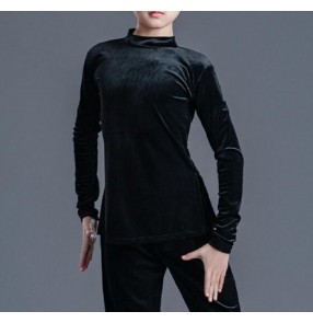 Boys kids black velvet Turtle neck latin ballroom dance shirts modern junior dance stage performance tops for children