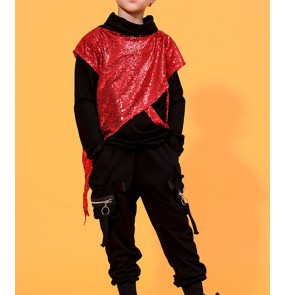 Boys kids black with red sequin hiphop dance costumes street modern dance outfits drummer model singers gogo dancers performance cosutmes