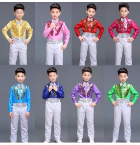 Boys kids colorful sequins jazz dance costumes modern dance choir chorus stage performance shirts and pants for children