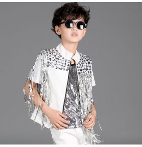 boys kids drum jazz dance white waistcoats with rhinestones gogo dancers rapper singer Students performing hip-hop dance vests model catwalk Sequin tassel waistcoats