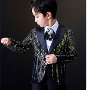 Boys kids green silver Pailette glitter sequins jazz dance dress suit flower boys blazers host choir coats piano singer stage performance catwalk model jackets for baby