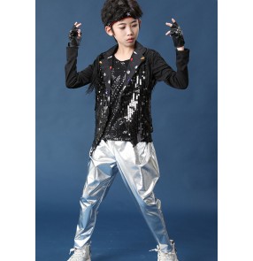Boys kids toddlers black with silver Sequins hiphop street jazz dance costumes for boys modern drummer dance rapper singer model show performance outfits