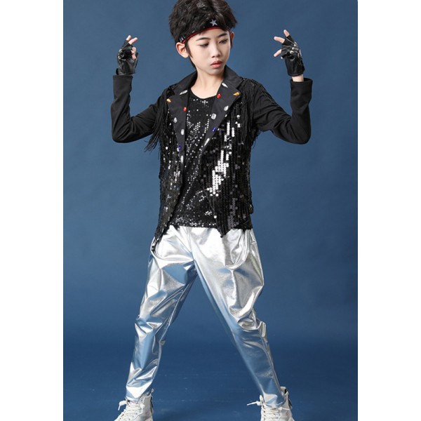 Boys kids toddlers black with silver Sequins hiphop street jazz dance ...