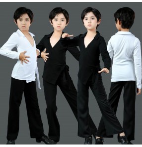 Boys kids white black color Latin ballroom dance shirts and pants children juvenile stage performance modern dance ballroom dance costumes