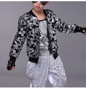 Boys modern jazz dance jacket gold silver pailletter pattern fashion drummer singers host stage model show performance coats