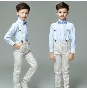 boys modern jazz singers host performance suit white striped costumes flower boys party show catwalk shirts and pants