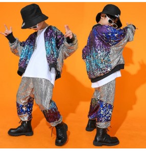 Boys silver with purple sequined Jazz Street Dance Costume Children's hip-hop suit girl band costume drum sequin performance jacket and pants