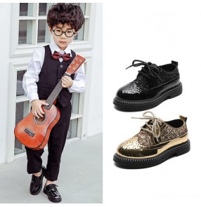 Boys singers host model show stage performance shoes for kids gold silver black sequin pu leather rubble soles Primary school British style boy performance shoes