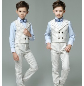 Boys singers host stage performance costumes kids white striped England style piano performance tops and pants