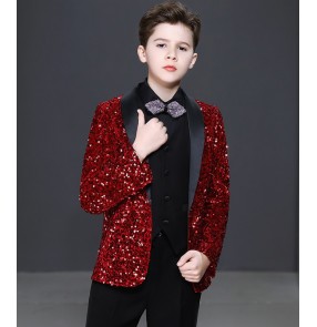 Boys singers stage preformance red sequined dress suits flower boy blazers handsome British piano coats model catwalk small host suit
