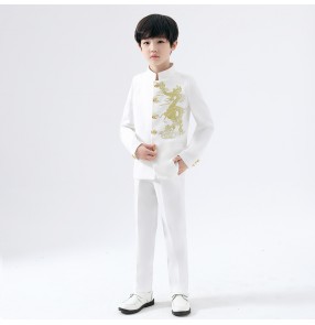 Boys stage performance gold dragon white suit and pants model catwalk costumes flower boy dress suit suit small suit tunic handsome host clothing