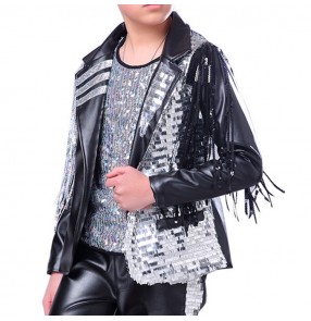 Boys street modern dance jazz singers host jacket silver paillette  black leather punk rock stage performance fashion show performance coats