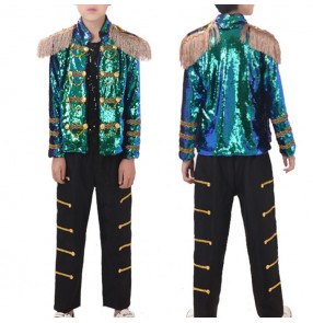 Boys street modern dance outfits sequins jazz singers model drummer stage performance competition costumes coat and pants 