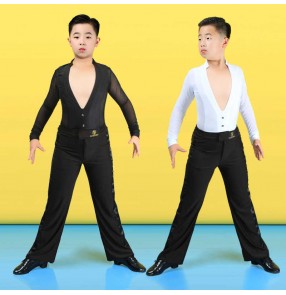 Boys V neck white black long sleeves ballroom latin dance shirts and pants kids children modern latin ballroom dance clothes for boy 