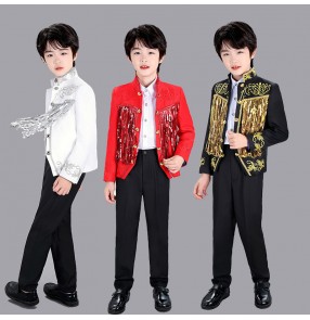 Boys white black red modern jazz dance sequin tassel coats and pants European palace singers host model show suit Piano performance prince stage catwalk costumes