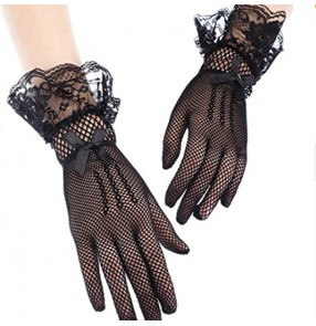 Bridal Full Finger Mesh Lace Lace Gloves Wedding Etiquette Show Sexy singer nightclub bar stage performance Bow Mesh Gloves for women girls