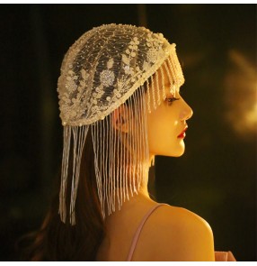 Bridal photos shooting bling tassel hat handmade white sequins beaded crystal hat hair accessories stage performance dance cosplay headdress