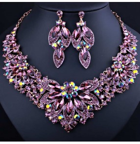 Bridal Singers host stage performance Jewelry Set Chain Flower Crystal Rhinestone Necklace Earrings Two-piece Fashion Dress Accessories