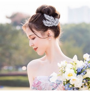 Bride silver headdress Korean rhinestone silver tree leaf hairpin headdress hair comb for wedding party photos shooting Hair accessories