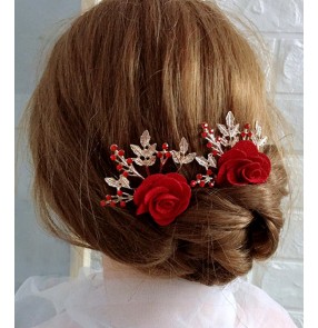 Bride wedding hair accessories Stage performance red rose head flower rhinestone hair comb female hair barrette accessories flower hairpin