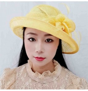 British ivory yellow orange Fedoras church hat for women linen sinamay hat top Linen beach hat sun protection fisherman hat