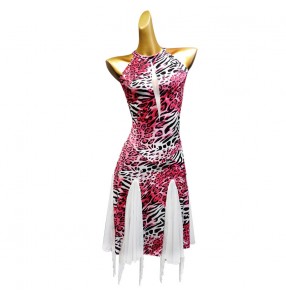 Brown pink leopard women fringes latin dance dresses stage performance rhythm salsa dance dress