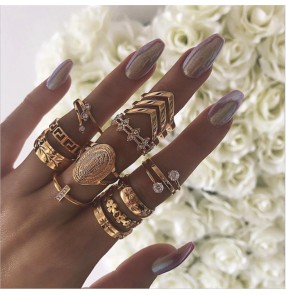 Buddha Statue rings set for women fashion Diamond V-shaped Flower Alloy 13-piece Ring fashion jewelry for female