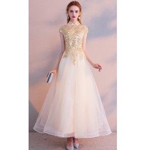 Champagne gold navy evening dress Female banquet annual meeting host temperament long fairy cheongsam skirt host singer solo performance dresses