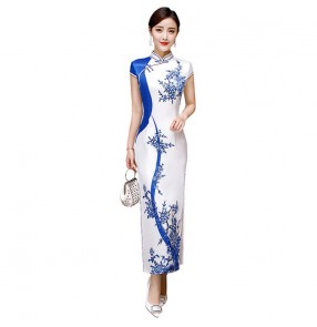 Cheongsam blue with white chinese dress qipao for women Chinese style improved retro catwalk dress long daily cheongsam