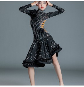 Child Girls black diamond latin dance dresses modern kids competition professional long sleeves ballroom latin performance costumes