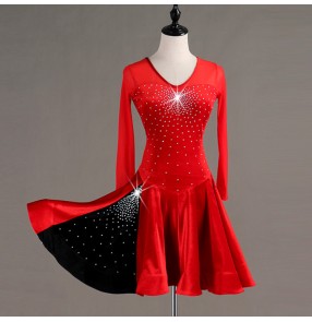 Children adult latin dance dresses velvet black with red rhinestones competition stage performance rumba salasa dance dresses skirt